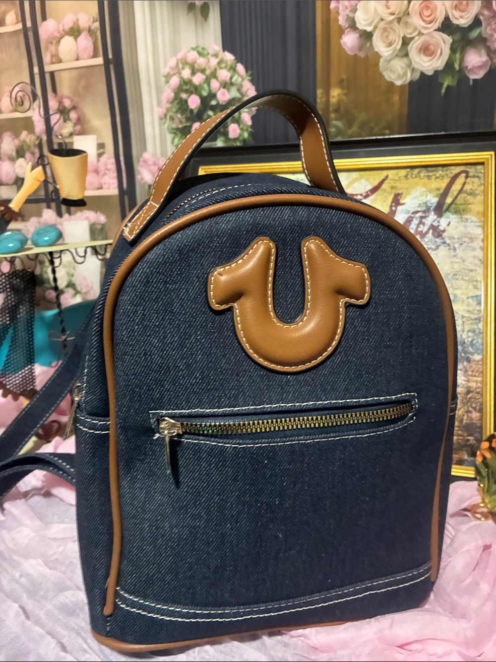 True Religion Denim Mini Backpack with Brown Trim - Women Bags